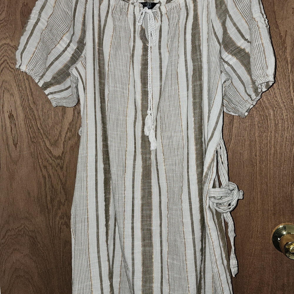 Primark Ivory and Tan Striped Midi Dress with Waist Tie